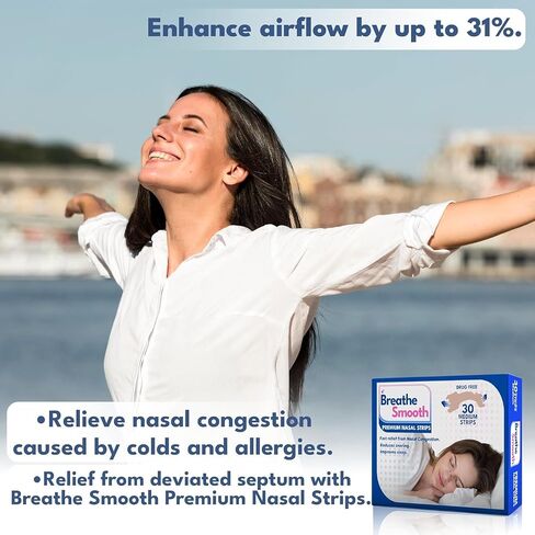 شريط الأنف الفاخر من Breathe Smooth، متوسط ​​الحجم الأصلي | يخفف على الفور احتقان الأنف | يساعد على تقليل الشخير | خالية من المخدرات زيادة تدفق الهواء | آمن وفعال | 30 شريط | الحجم - 56 مم × 18 مم in Kuwait