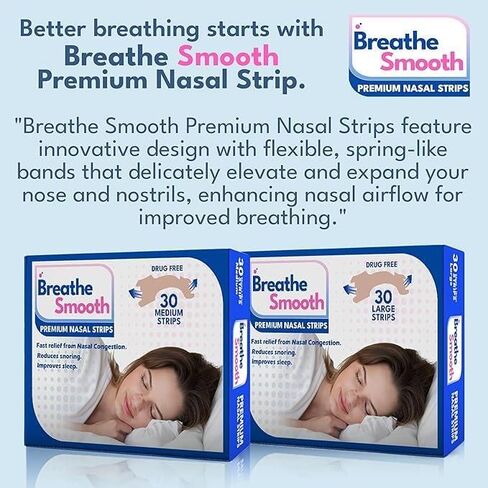 شريط الأنف الفاخر من Breathe Smooth، متوسط ​​الحجم الأصلي | يخفف على الفور احتقان الأنف | يساعد على تقليل الشخير | خالية من المخدرات زيادة تدفق الهواء | آمن وفعال | 30 شريط | الحجم - 56 مم × 18 مم in Kuwait