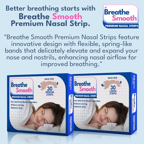 شريط الأنف الفاخر من Breathe Smooth، متوسط ​​الحجم الأصلي | يخفف على الفور احتقان الأنف | يساعد على تقليل الشخير | خالية من المخدرات زيادة تدفق الهواء | آمن وفعال | 30 شريط | الحجم - 56 مم × 18 مم in Kuwait
