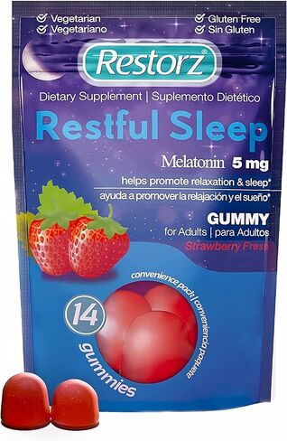 علكات النوم المريحة من ريستورز مع الميلاتونين 5 ملغ، 5 ملغ من علكات الميلاتونين مكملة لدعم دورة نوم صحية، نكهة الفراولة، 112 علكة in Kuwait