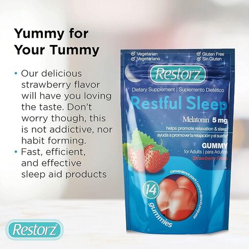 علكات النوم المريحة من ريستورز مع الميلاتونين 5 ملغ، 5 ملغ من علكات الميلاتونين مكملة لدعم دورة نوم صحية، نكهة الفراولة، 112 علكة in Kuwait