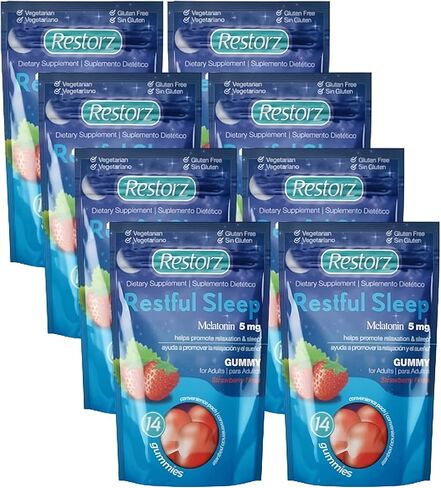 علكات النوم المريحة من ريستورز مع الميلاتونين 5 ملغ، 5 ملغ من علكات الميلاتونين مكملة لدعم دورة نوم صحية، نكهة الفراولة، 112 علكة in Kuwait
