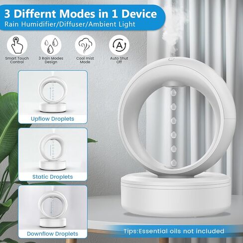 Anti Gravity Water Drop Humidifier with Adapter,3-in-1 Raindrop Humidifier Air Humidifiers with Night Light for Home Bedroom,Essential Oil Diffuser with Timer,Auto Shut-Off,680ML in Kuwait