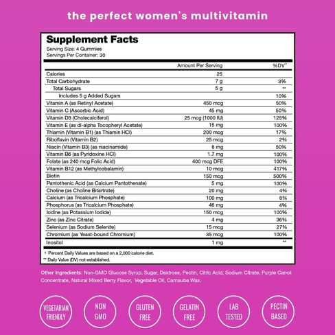 Womens Multivitamin Gummies | Vitamins A, B, C, D, E, Biotin, Folic Acid | Daily Multivitamin for Women | Chewable Womens Gummy Multivitamins | Bones, Brain, Heart, Immune & Energy Supplement in Saudi Arabia