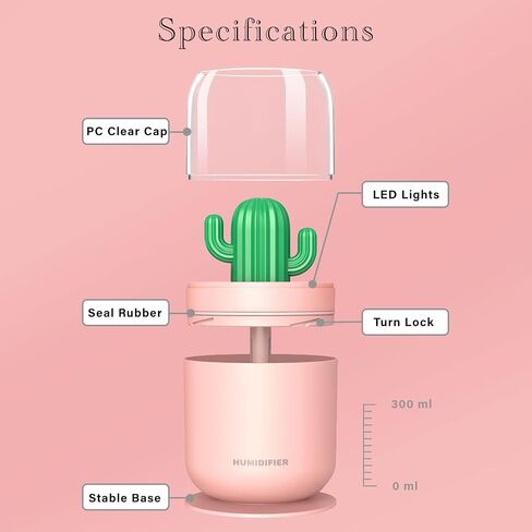 موزع روائح مرطبة بالصبار اللطيف للزيوت العطرية وعطور العلاج العطري، نسيم الروائح العطرية للمكتب، والمكاتب الصغيرة، وديكور المنزل، والحمام الصغير - سعة 300 مل - تغيير ضوء LED كهربائي - أبيض in Saudi Arabia
