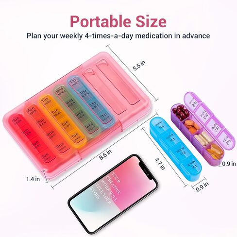 Zoksi Moistureproof Weekly Pill Organizer 4 Times a Day, 7 Day Pill Box 4X a Day, One Week Travel Pill Case with 28 Compartments, Medicine Container for Vitamins, Supplements or Medication(Cyan) in Kuwait