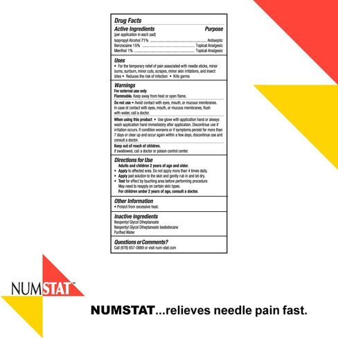NUMSTAT Antiseptic Numbing Wipes for Needle Pain Relief, 2-In-1 Formula with Benzocaine, Isopropyl Alcohol and Menthol - 30 Prep Pads in Saudi Arabia