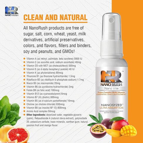 نانو راش سوبر كومبلكس متعدد الفيتامينات، رذاذ تحت اللسان مع تقنية النانو لامتصاص فوري وكامل بدون حبوب، نكهة المانجو وفاكهة العاطفة، 85 أونصة سائلة in Kuwait