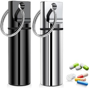 AMMON Pill Box 2 Pcs Small Pill Case Waterproof Portable Pill Container Keychain Pill Holder Mini Pill Organizer Aluminium Alloy Pocket Pill Case for Outdoor Camping Travel (Black and Silver) in Kuwait