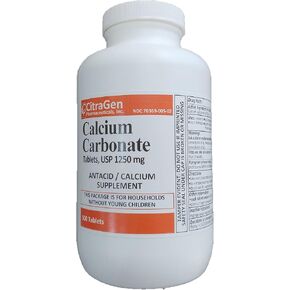 Calcium Carbonate Tablets USP 1250 mg for Relief of Acid Indigestion, Heartburn, Sour Stomach, Upset Stomach and as Calcium Supplement 500 Tablets per Bottle by CitraGen Pharmaceuticals Inc in Saudi Arabia