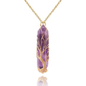 VIBILIA Healing Crystal Necklace Tree of Life Wire Wrapped Natural Amethyst Stone Point Pendant Necklace Hexagonal Reiki Spiritual Quartz Gemstone Jewelry for Women Men in Kuwait