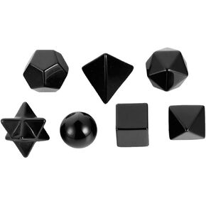 Rockcloud Black Obsidian Platonic Solids Sacred Geometry with Merkaba Star Set, Healing Crystal Faceted Gemstones for Meditation Reiki Balancing, Pack of 7