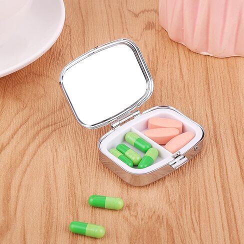 WLLHYF Pill Box 2 Compartment Portable Medicine Case Retro Flower Capsule Pill Organizer Decorative Metal Medicine Organizer Vitamin Box with Mirror for Pockets Purses Travel in Kuwait