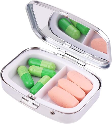 WLLHYF Pill Box 2 Compartment Portable Medicine Case Retro Flower Capsule Pill Organizer Decorative Metal Medicine Organizer Vitamin Box with Mirror for Pockets Purses Travel in Kuwait