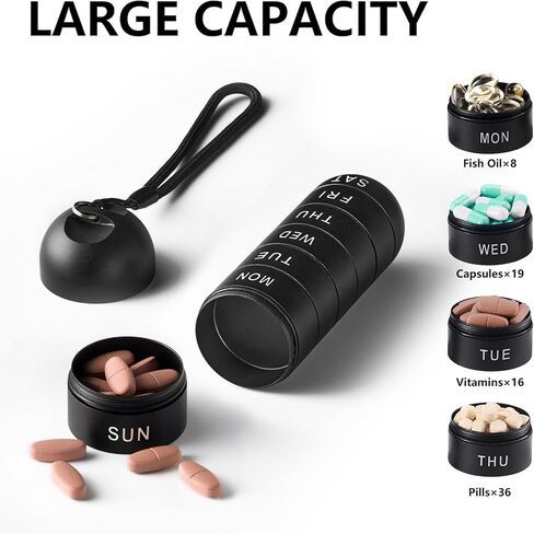 Sukuos Weekly Pill Organizer, Metal Portable Daily Pill Box Moisture Proof Stackable Aluminum Alloy BPA Free Travel Outdoor 7 Day Pill Case and Large Compartment to Hold Vitamins, Fish Oil in Kuwait