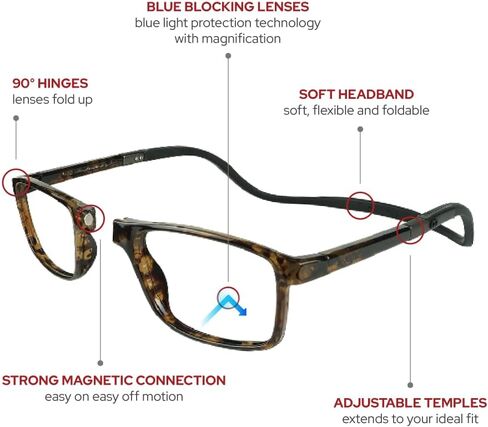 نظارات القراءة المغناطيسية Clic Blue Light Blocking من Slastik، شريط ناعم قابل للطي، قارئات كمبيوتر قابلة للتعديل، Ewok (M-XL) in Kuwait