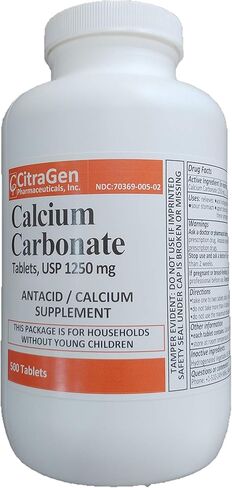 Calcium Carbonate Tablets USP 1250 mg for Relief of Acid Indigestion, Heartburn, Sour Stomach, Upset Stomach and as Calcium Supplement 500 Tablets per Bottle by CitraGen Pharmaceuticals Inc in Saudi Arabia