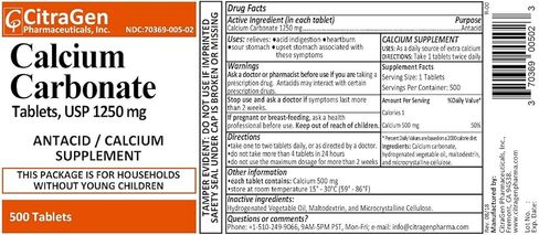 Calcium Carbonate Tablets USP 1250 mg for Relief of Acid Indigestion, Heartburn, Sour Stomach, Upset Stomach and as Calcium Supplement 500 Tablets per Bottle by CitraGen Pharmaceuticals Inc in Saudi Arabia