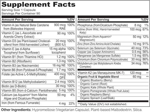 NATURELO One Daily Multivitamin للمراهقين - مع الفيتامينات والمعادن للمراهقين والبنات - مكمل للأطفال النشطين - غير معدل وراثيًا - نباتي ونباتي - 90 كبسولة in Kuwait