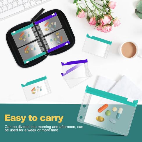 شنطة تنظيم حبوب الدواء بسحاب قابلة لاعادة الاستخدام، اكياس بلاستيكية شفافة لحفظ حبوب الدواء ذاتية الغلق للسفر (اخضر وارجواني) in Kuwait