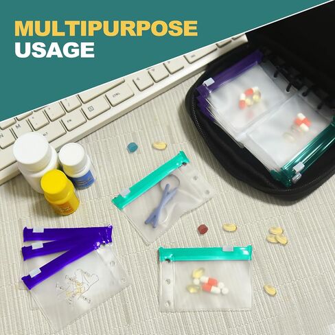 شنطة تنظيم حبوب الدواء بسحاب قابلة لاعادة الاستخدام، اكياس بلاستيكية شفافة لحفظ حبوب الدواء ذاتية الغلق للسفر (اخضر وارجواني) in Kuwait