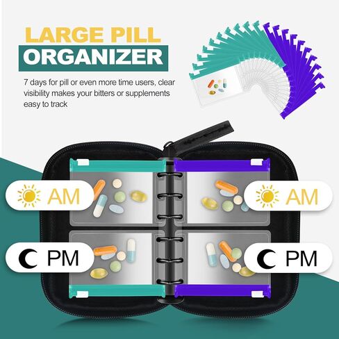 شنطة تنظيم حبوب الدواء بسحاب قابلة لاعادة الاستخدام، اكياس بلاستيكية شفافة لحفظ حبوب الدواء ذاتية الغلق للسفر (اخضر وارجواني) in Kuwait