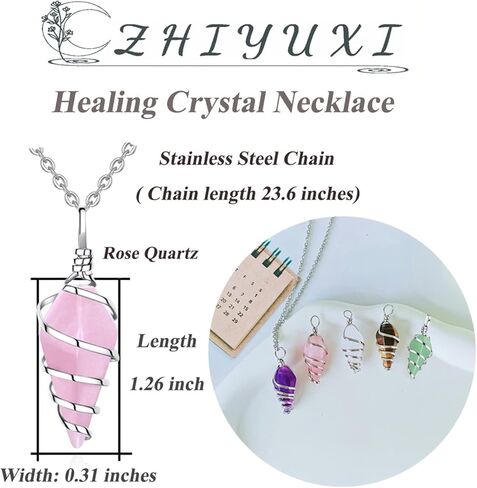 ZHIYUXI روز كوارتز كريستال سلك التفاف سداسية مخروط نقطة شفاء بلورات الأحجار الكريمة مصقول الريكي الحظ حجر الكوارتز الطبيعي للنساء فتاة الهدايا in Kuwait