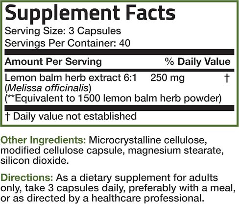 بلسم الليمون برونسون ميليسا 1500 مجم لكل وجبة يعزز الاسترخاء، غير معدل وراثيًا، 250 كبسولة نباتية in Kuwait