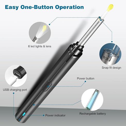 إزالة شمع الأذن - منظف الأذن بكاميرا منظار الأذن 1080 بكسل، طقم تنظيف الأذن، كاميرا الأذن، طقم إزالة شمع الأذن مع أداة إزالة شمع الأذن بإضاءة LED مع 8 منتقيات و6 ملاعق لنظامي التشغيل iOS وAndroid (أسود) in Kuwait
