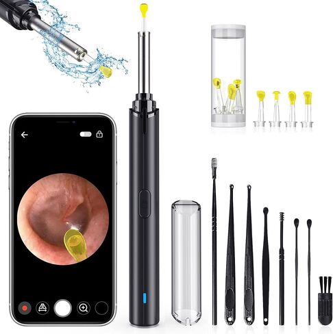إزالة شمع الأذن - منظف الأذن بكاميرا منظار الأذن 1080 بكسل، طقم تنظيف الأذن، كاميرا الأذن، طقم إزالة شمع الأذن مع أداة إزالة شمع الأذن بإضاءة LED مع 8 منتقيات و6 ملاعق لنظامي التشغيل iOS وAndroid (أسود) in Kuwait