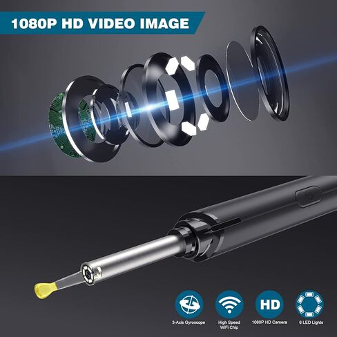 إزالة شمع الأذن - منظف الأذن بكاميرا منظار الأذن 1080 بكسل، طقم تنظيف الأذن، كاميرا الأذن، طقم إزالة شمع الأذن مع أداة إزالة شمع الأذن بإضاءة LED مع 8 منتقيات و6 ملاعق لنظامي التشغيل iOS وAndroid (أسود) in Kuwait