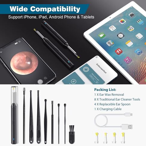 إزالة شمع الأذن - منظف الأذن بكاميرا منظار الأذن 1080 بكسل، طقم تنظيف الأذن، كاميرا الأذن، طقم إزالة شمع الأذن مع أداة إزالة شمع الأذن بإضاءة LED مع 8 منتقيات و6 ملاعق لنظامي التشغيل iOS وAndroid (أسود) in Kuwait