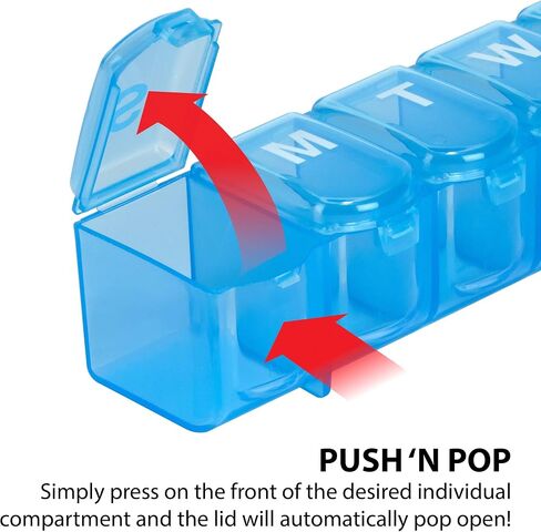 EZY DOSE Weekly (7-Day) Pill Case, Medicine Planner, Vitamin Organizer Box, Large Push N' Pop Open Compartments, Convenient and Easy to Use, Color May Vary, BPA Free in Saudi Arabia