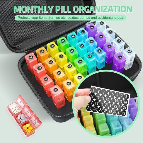 Gelozid Medicine Organizer Box, 30 Day Pill Organizer with 32 Daily Compartments and Hard Shell Travel Case, Monthly Pill Organizer 3 Times A Day for Vitamins, Fish Oil, Medications and Supplements in Kuwait
