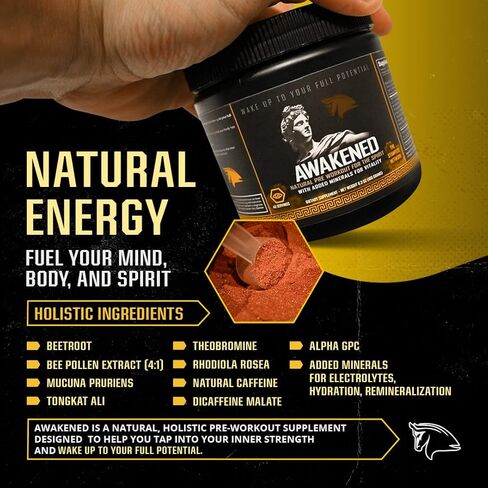 Awakened Natural Pre Workout Powder 12-in-1 | Conscious Energizer | Bee Pollen + N.O. Booster | Mucuna Pruriens, Tongkat Ali, Rhodiola, Alpha GPC & Trace Minerals | Spartan Bee Bread Brand, 40SV in Kuwait