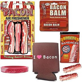 Bacon Bonanza Sampler Gift Pack (5pc Set) - Bacon Bandages, Air Freshener, Lip Balm, I Heart Bacon Can Cooler & I Love Bacon Silicone Wristband in Saudi Arabia