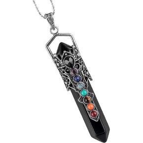 Nupuyai Hexagonal Crystal Point Pendant Necklace for Women Healing 7 Chakra Crystal Stone Pendant Amulet with Chain
