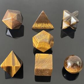 Crystal Quartz Platonic Solids Natural Gemstones Set Sacred Geometry Kit with Merkaba Star Pendulum Customizable Tin Box for Chakra Reiki Healing Energy Therapy Yoga (Tiger Eye 10pcs)