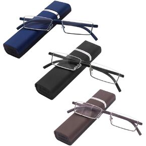 REAVEE 2 Pack Half Frame Reading Glasses for Men Women, Half Lens Metal Lightweight Readers Portable with Case, Black and Blue +2.0 in Kuwait