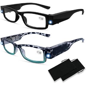 DuanMei 2 Piece Set Reading Glasses with Lights Bright LED Readers Lightweight Eyeglasses Lighted Magnifier Nighttime Reader Eyewear Clear Glasses Vision Unisex（Black and Mix Color，2.0）