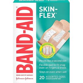 ضمادات لاصقة Skin-Flex من العلامة التجارية Band-Aid للإسعافات الأولية والعناية بالجروح البسيطة والخدوش والحروق، ضمادات مرنة معقمة رائعة للأصابع واليدين والركبتين، أحجام متنوعة، 20 قيراط in Kuwait