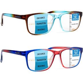 K KENZHOU Progressive Multifocus Wide Square Frame Reading Glasses Blue Light Blocking for Women Men No Line Multifocal Readers with Spring Hinge
