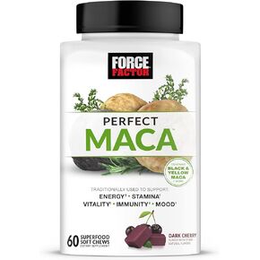 FORCE FACTOR Perfect Maca, Maca Root and DIM Supplement with Saffron to Boost Energy and Mood, with Yellow and Black Maca, Vitamins, Minerals, and Antioxidants, Dark Cherry Flavor, 60 Soft Chews in Saudi Arabia