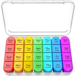 Zoksi Weekly Pill Organizer 4 Times a Day, 7 Day Pill Box, Large Travel Pill Case, Daily Medicine Organizer Container with 28 Portable Compartments for Fish Oils, Vitamins or Supplements (Rainbow) in Kuwait