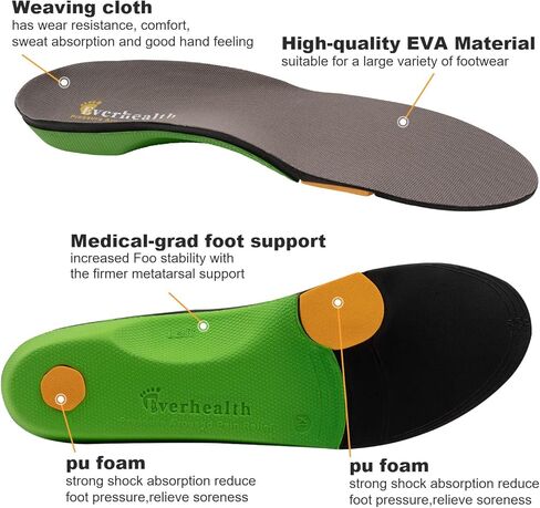 Everhealth Plantar Fasciitis Insoles Orthotic Arch Support Shoe Inserts Insoles for Women Men, Shock Absorption Cushioning Insoles Supportive for Flat Feet, High Arch, Foot Heel Pain, Metatarsalgia in Kuwait