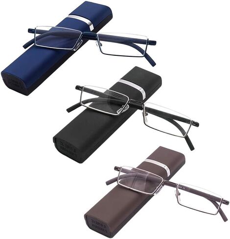 REAVEE 2 Pack Half Frame Reading Glasses for Men Women, Half Lens Metal Lightweight Readers Portable with Case, Black and Blue +2.0 in Kuwait