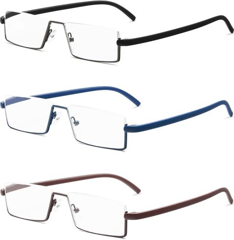 REAVEE 2 Pack Half Frame Reading Glasses for Men Women, Half Lens Metal Lightweight Readers Portable with Case, Black and Blue +2.0 in Kuwait