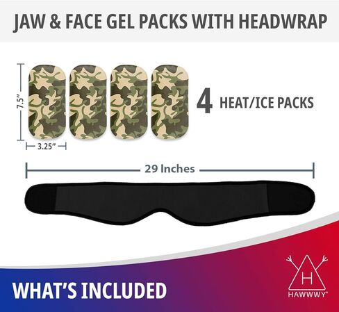مسكن الألم من Hawwwy (لفافة واحدة، 4 عبوات جل ساخن بارد قابلة لإعادة الاستخدام) مثالية لأسنان الحكمة، جبيرة الوجه، رأس الذقن، جراحة الفم، الصداع النصفي، الفك، وسادة تسخين لتخفيف الأسنان، حزمة ثلج in Kuwait