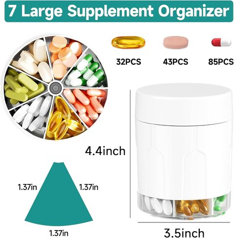 Extra Large Pill Organizer, Moisture-Proof Jumbo Pill Dispenser with 7 Large Compartments, Travel-Friendly Supplement Organizer Bottle to Hold Monthly Vitamin or Medication Storage in Kuwait