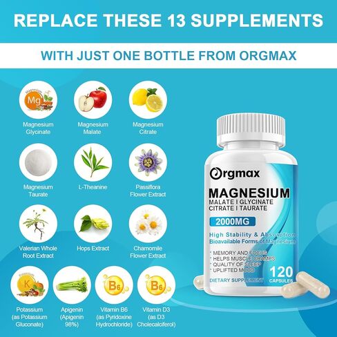 مكمل مركب ثلاثي المغنيسيوم - مع جليسينات المغنيسيوم 500 مجم، مالات، سيترات وتورات - 13 في 1 تركيبة متقدمة للهدوء والعضلات ودعم الأعصاب والنوم - نباتي وغير معدل وراثيًا in Kuwait